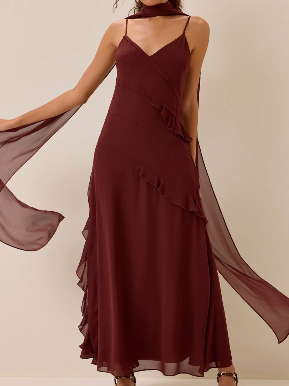 Altar'd State Wine Ruffle Chiffon Maxi Dress